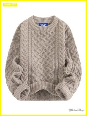 Oversized Chunky Cable Knit Crew Neck Pullover Sweater, Soft Warm Heavyweight